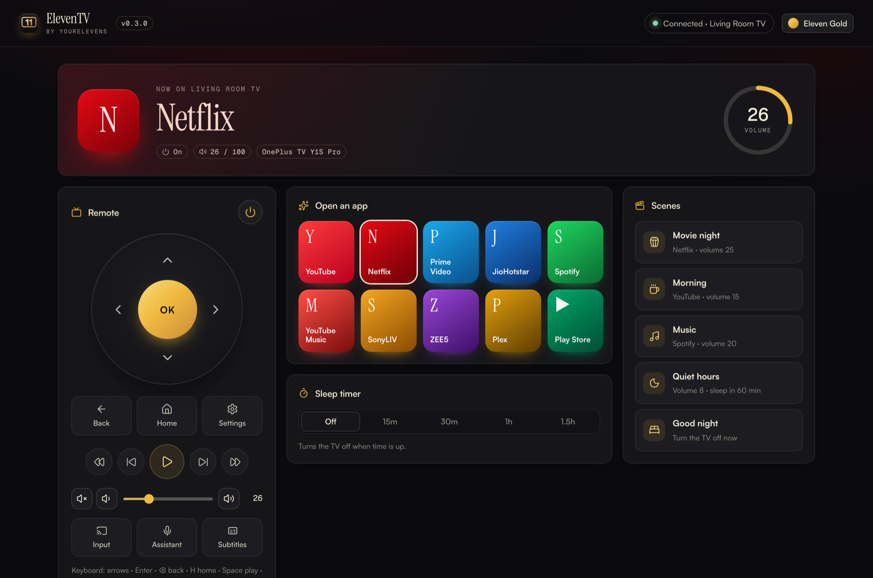 ElevenTV dashboard: remote, now playing, app launcher, scenes and sleep timer